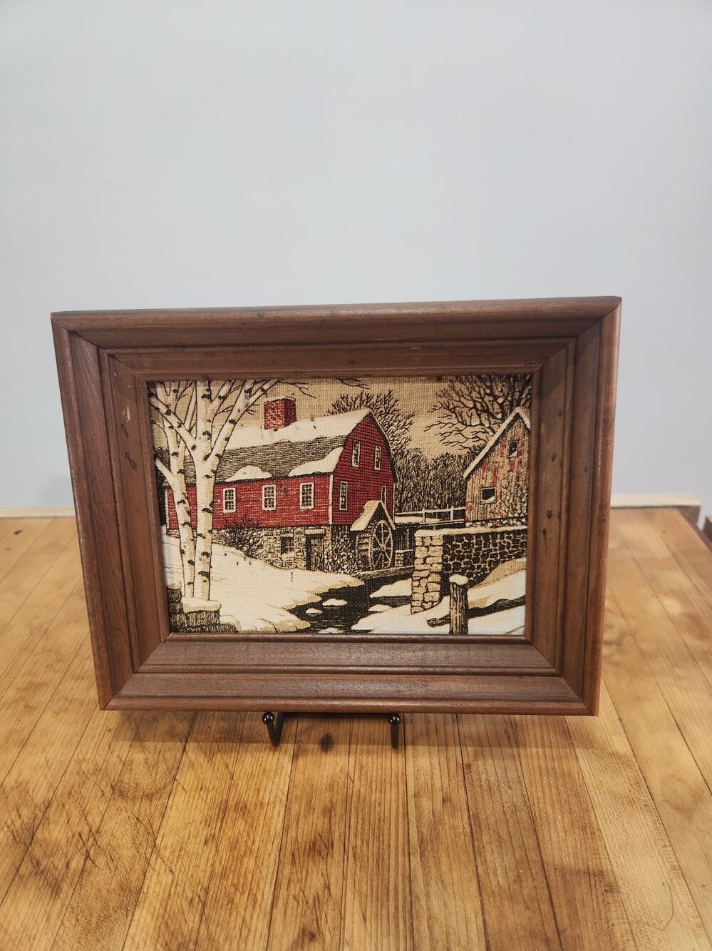 Vintage Kay Dee Linen Winter Grist Mill Framed Art Red Barn 11x9